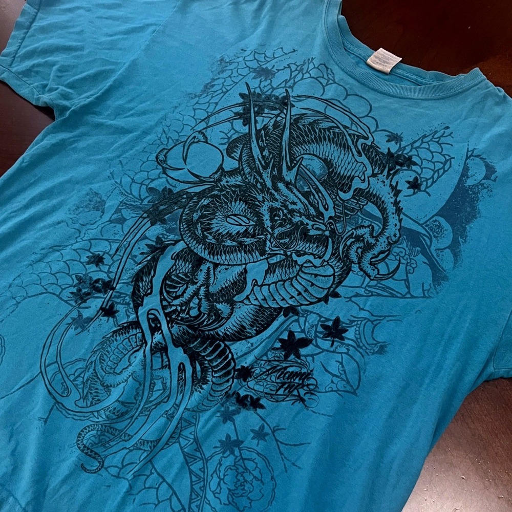 Gildan Ultra Cotton Dragon Graphic Tee Mens XL Teal Blue Short Sleeve T-Shirt